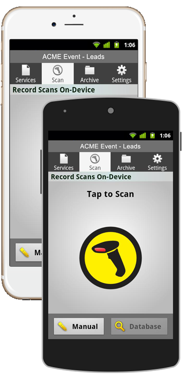 Mobile device and smart phone with scanner application on screen