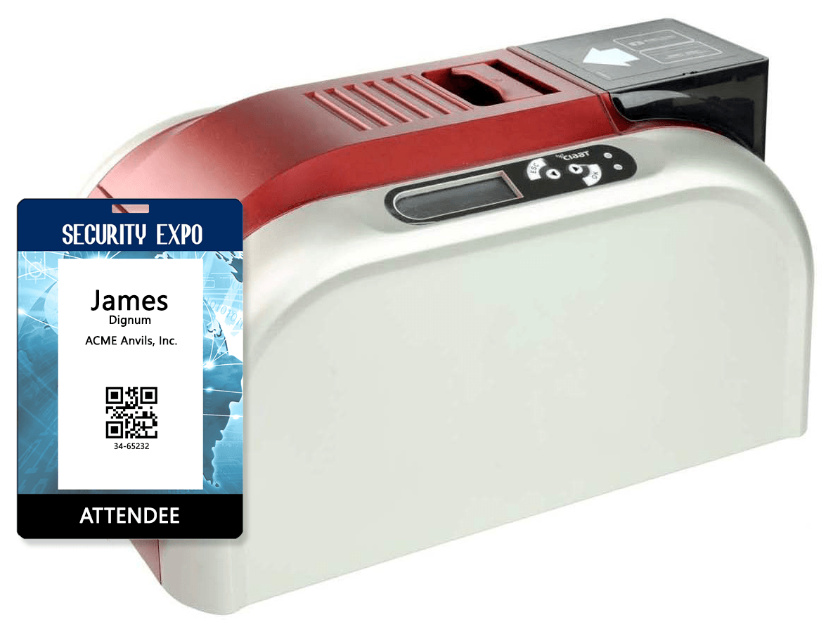 Card printer with an example badge with QR code