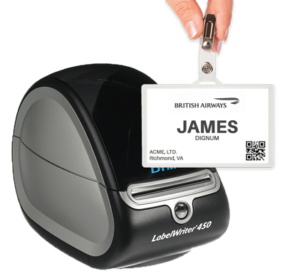 Black and grey Dymo printer with example badge and QR code