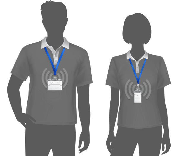 Male and female with RFID badges with a wifi signal