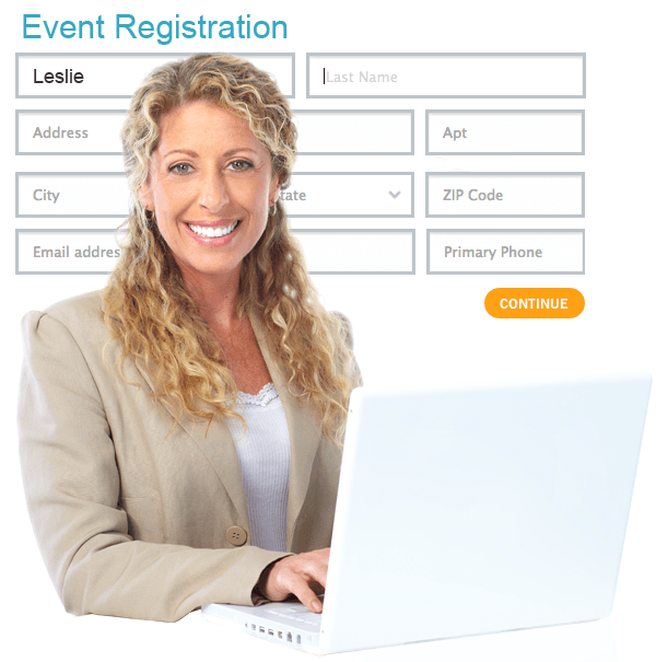 Smiling woman typing on keyboard with a form example behind her