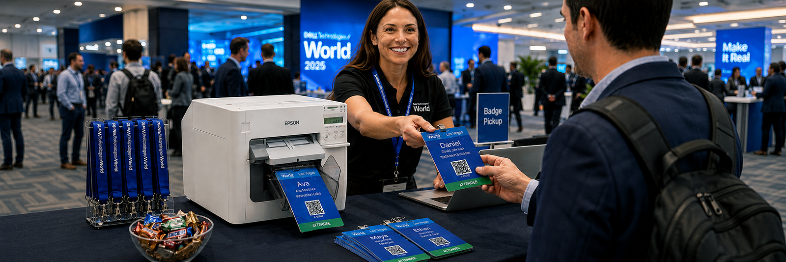 Event staff handing a freshly printed name badge to an attendee at a badge pickup counter, beside an on-site badge printer