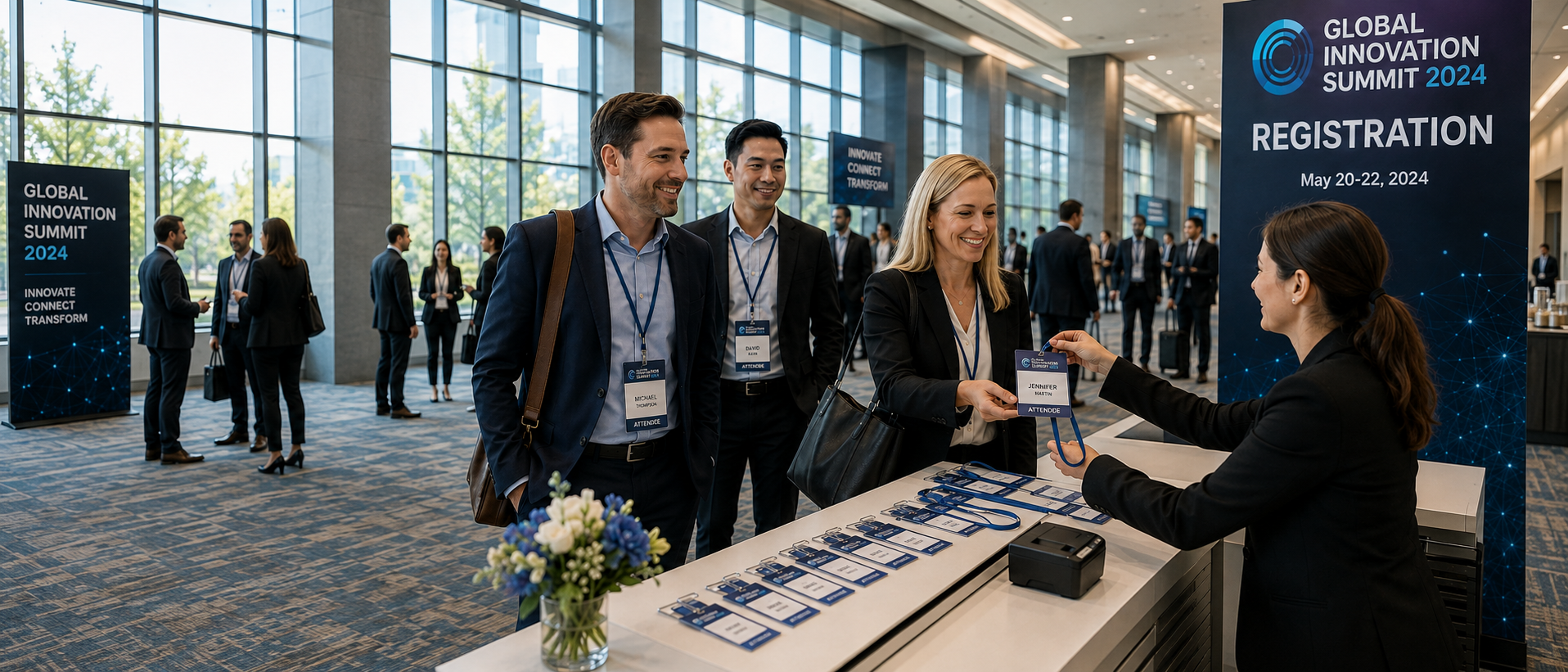 Attendees at a conference registration desk
