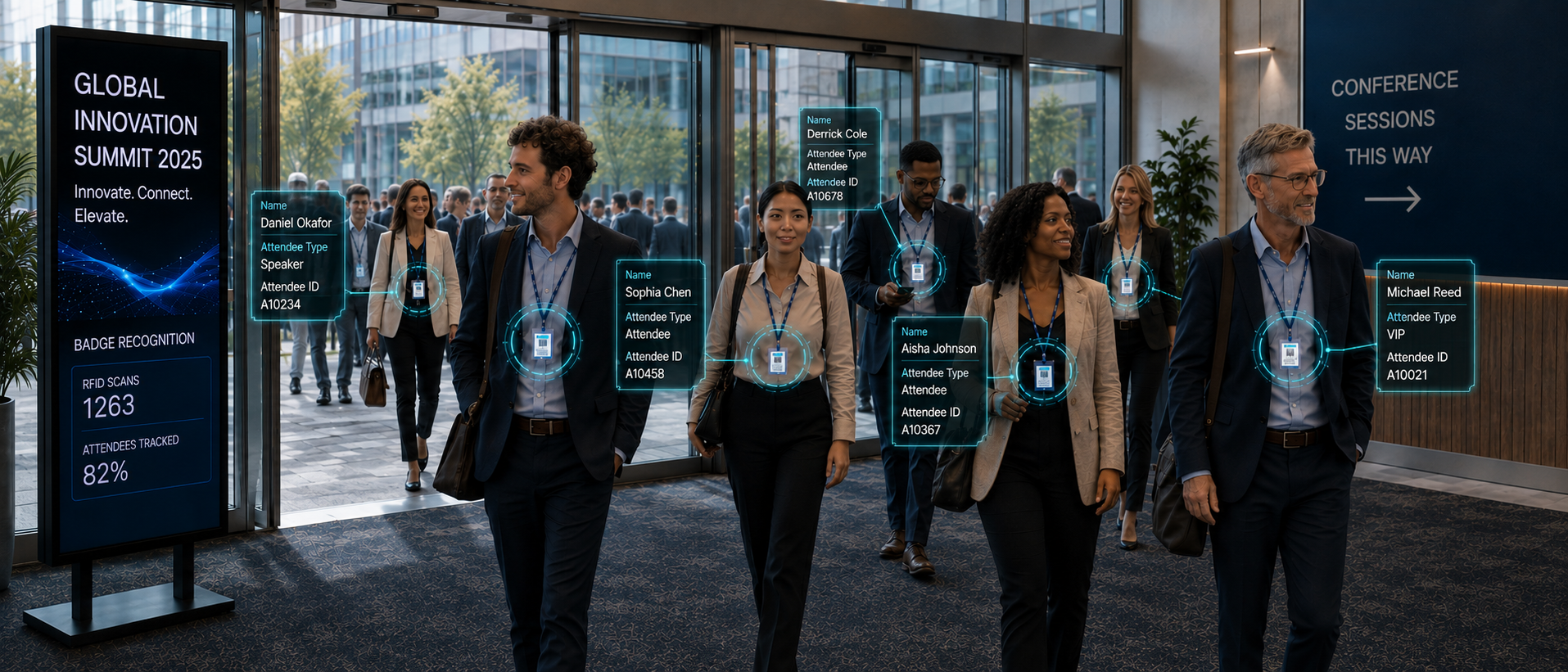 Attendees walking into a conference as their RFID badges are scanned, beside a screen showing live badge scan counts